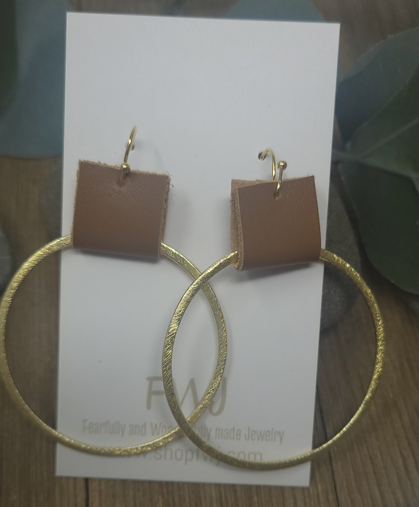 Hoop earrings with leather loop, Brushed gold or silver hoop earrings with leather accents--3 sizes/ 4 shades of leather