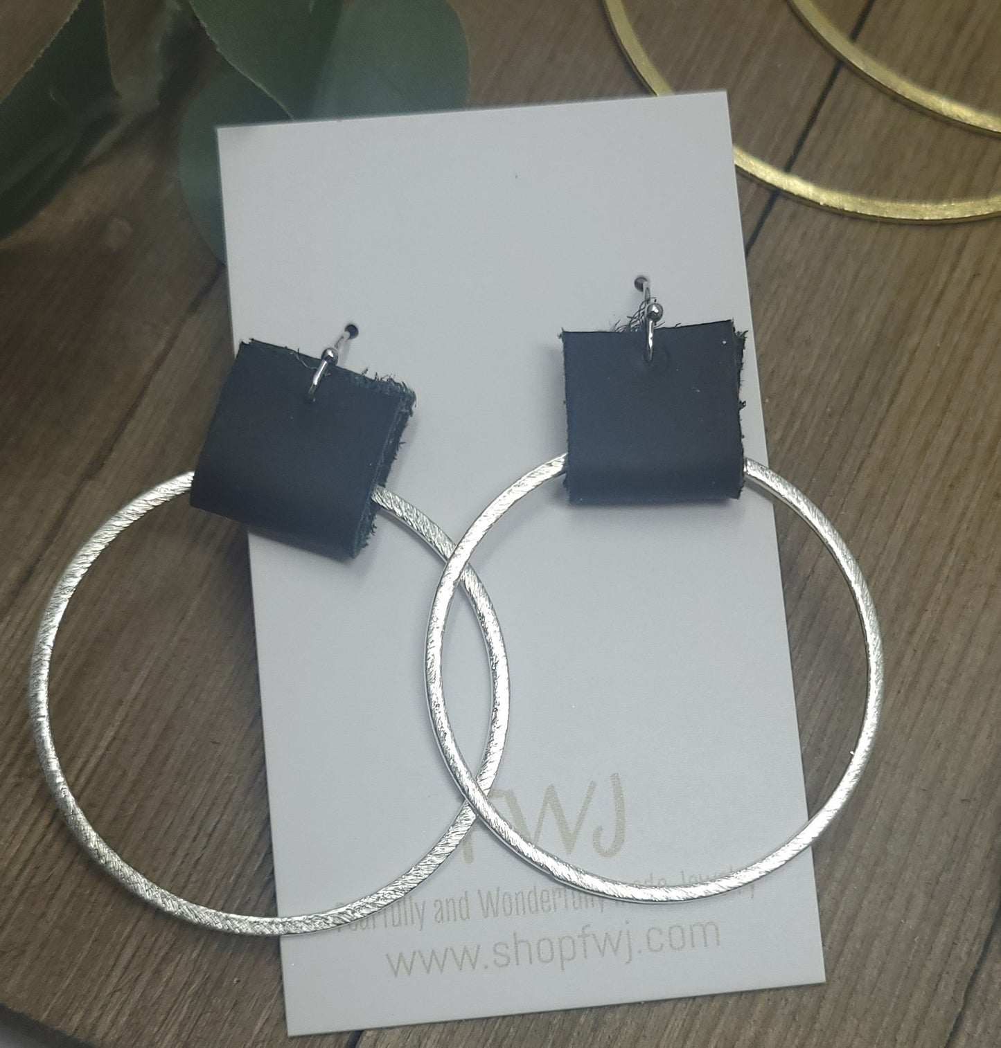 Hoop earrings with leather loop, Brushed gold or silver hoop earrings with leather accents--3 sizes/ 4 shades of leather