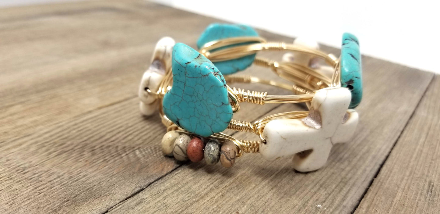 White cross bracelet,  turquoise howlite,  aqua terra jasper bangle set