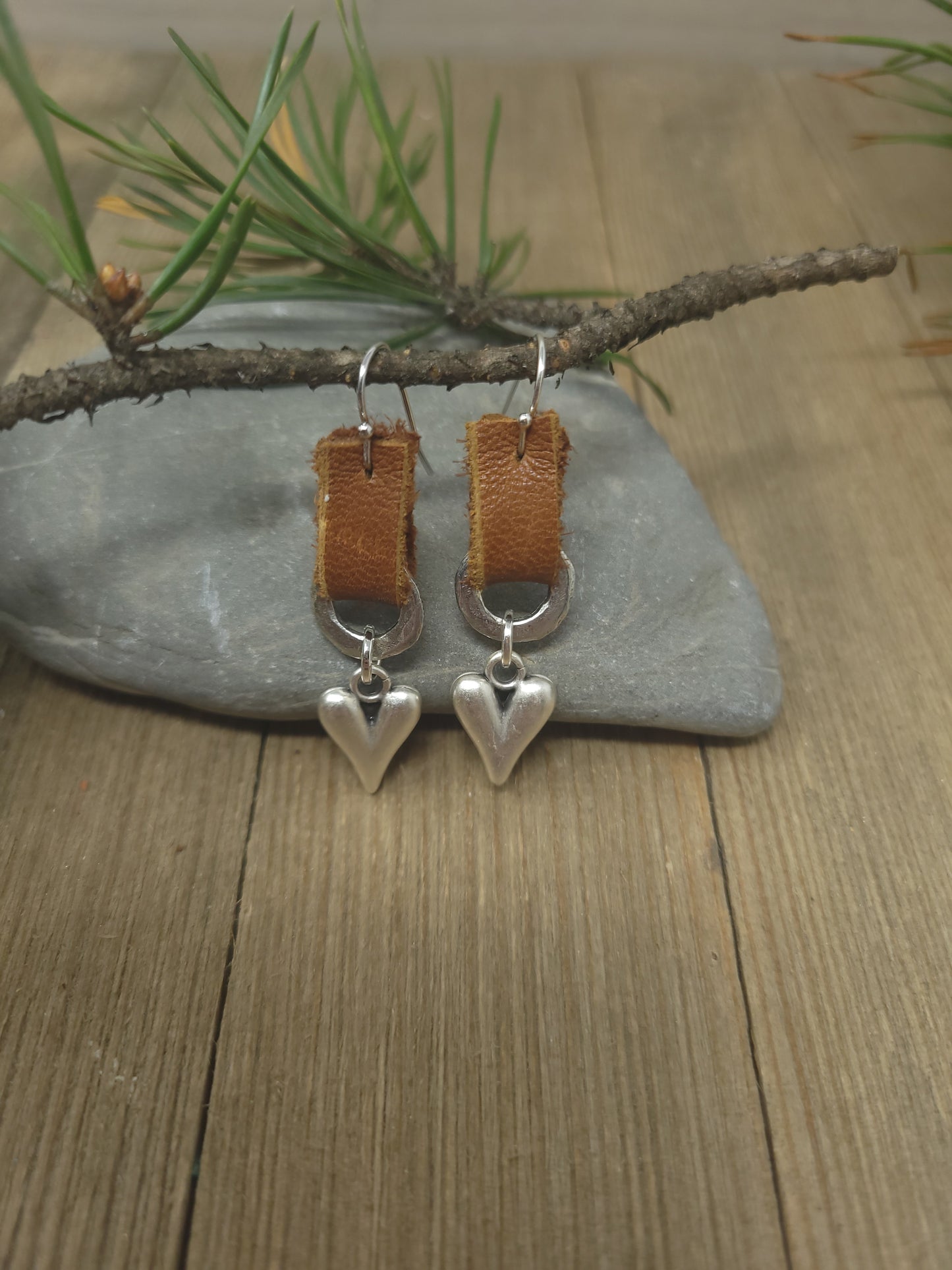 Leather and pewter earring with silver or gold heart or gold or silver cross