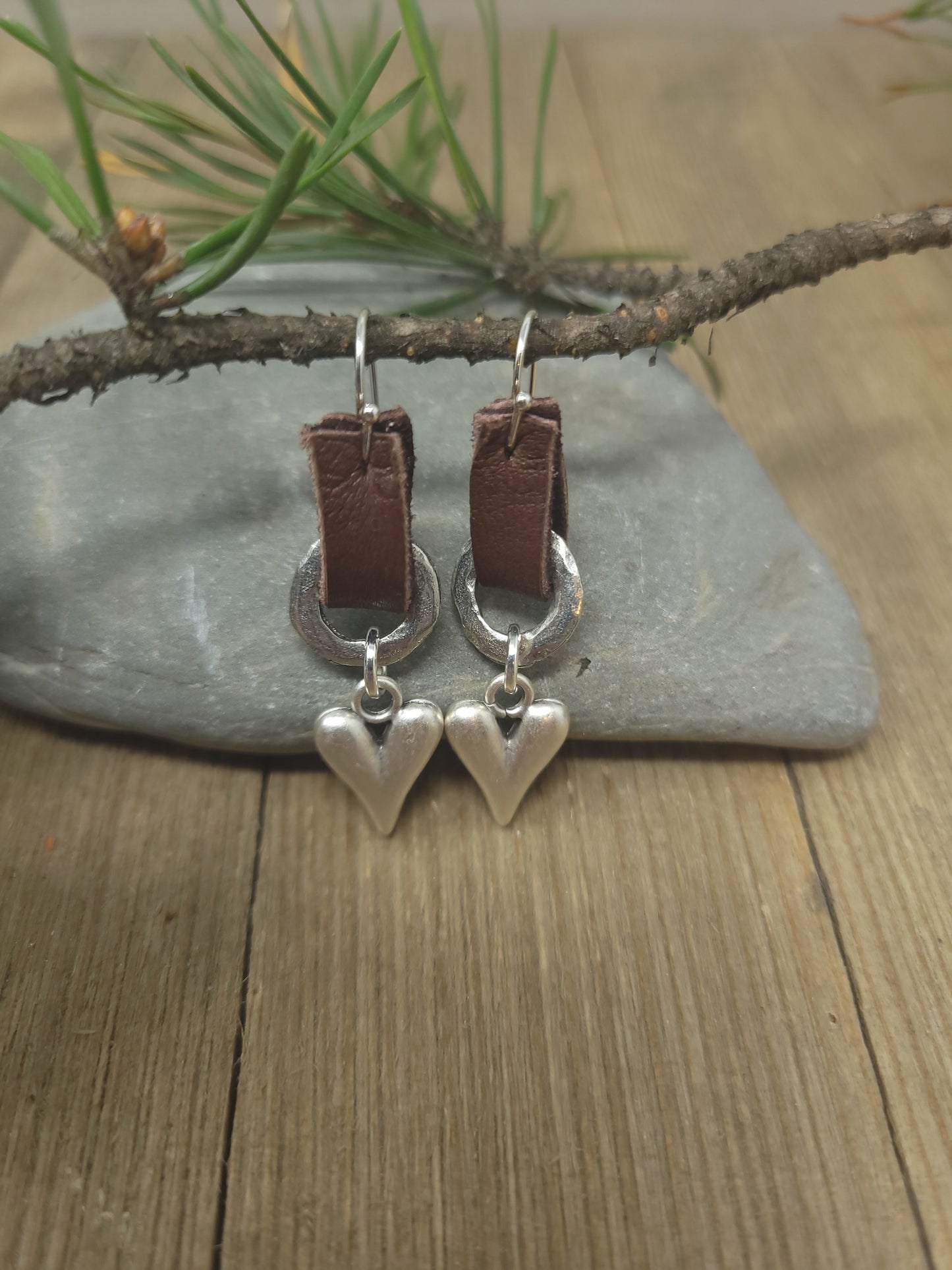 Leather and pewter earring with silver or gold heart or gold or silver cross