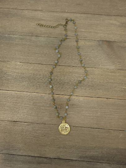 Labradorite beaded rosary chain short necklace with gold coin pendant