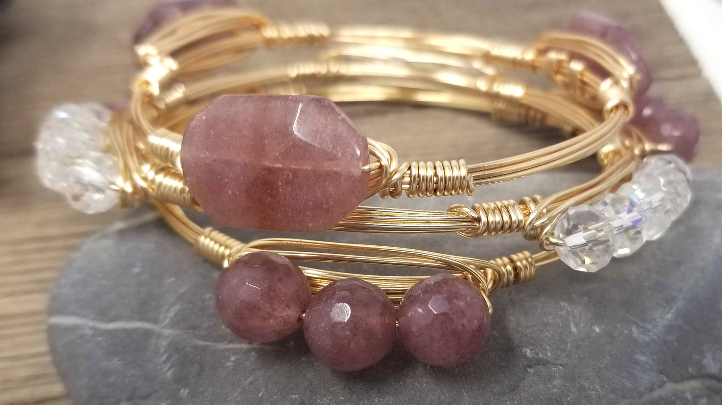 Strawberry quartz bangle, crystal cluster bangles set of 3 bangles