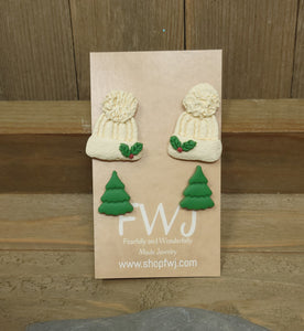Christmas tree studs/ stocking cap studs set of stud earrings/ clay earrings