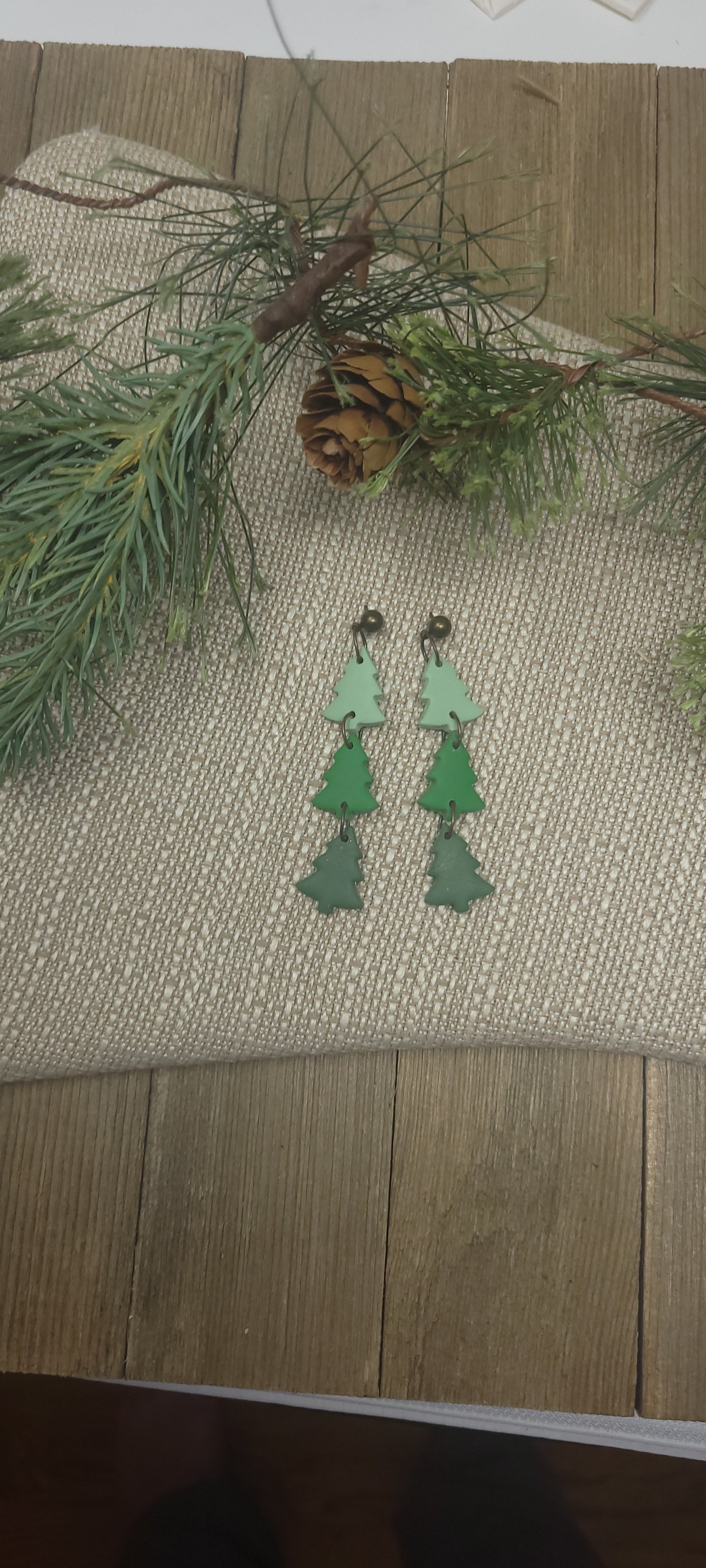 Triple Christmas tree dangle earrings, ombre clay tree earrings