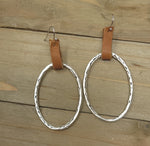 Antique silver rustic organic hoop earing with leather loop