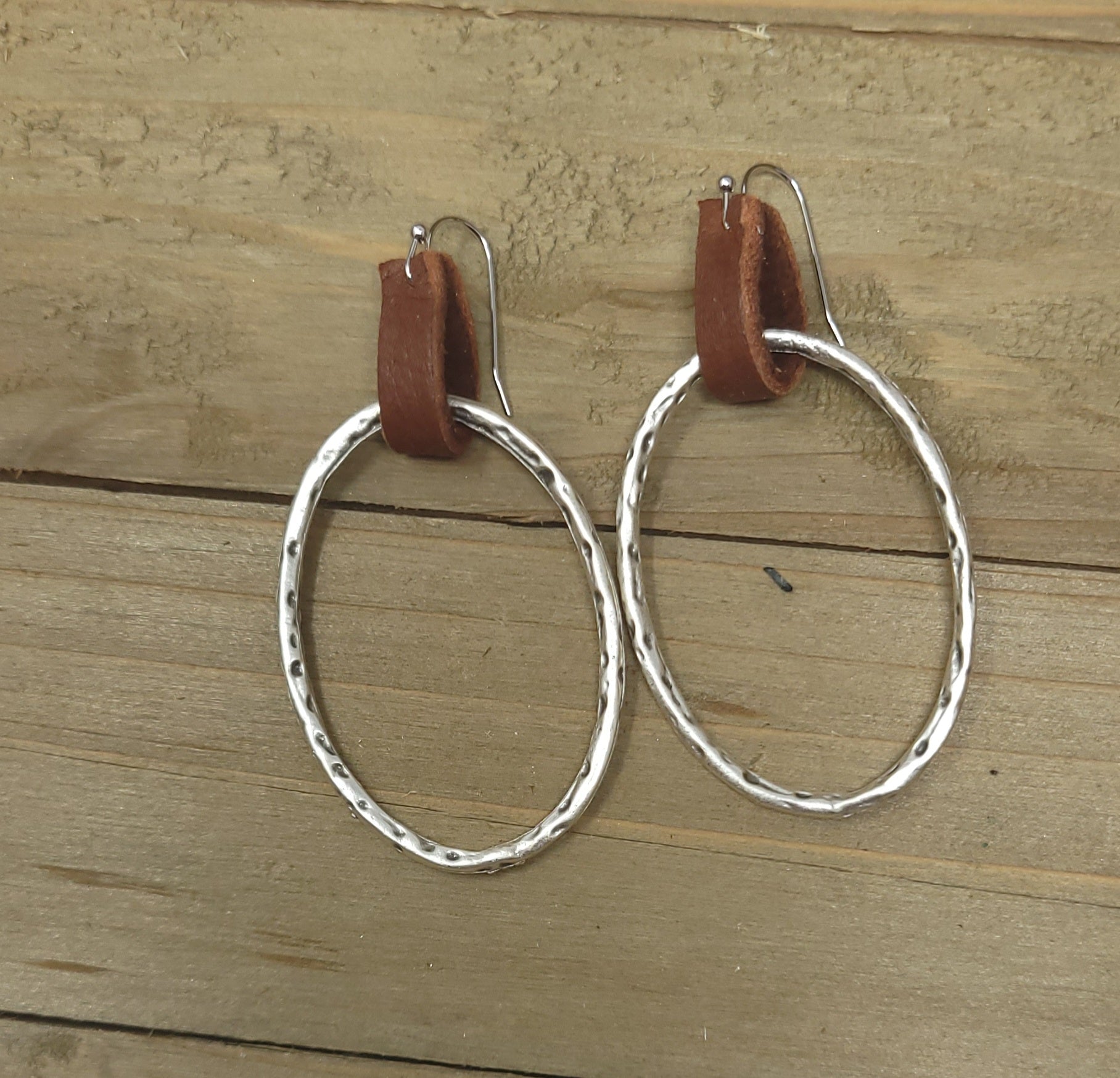 Antique silver rustic organic hoop earing with leather loop