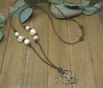 Leather, pearl and amazonite lanyard/ name badge holder/ key holder necklace