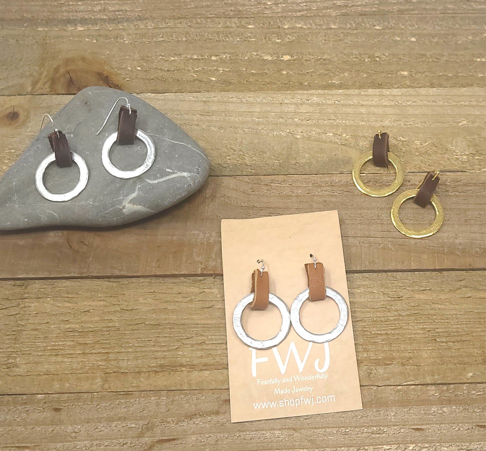 Small organic rustic hoop earrings with leather loop