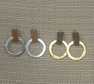 Small organic rustic hoop earrings with leather loop