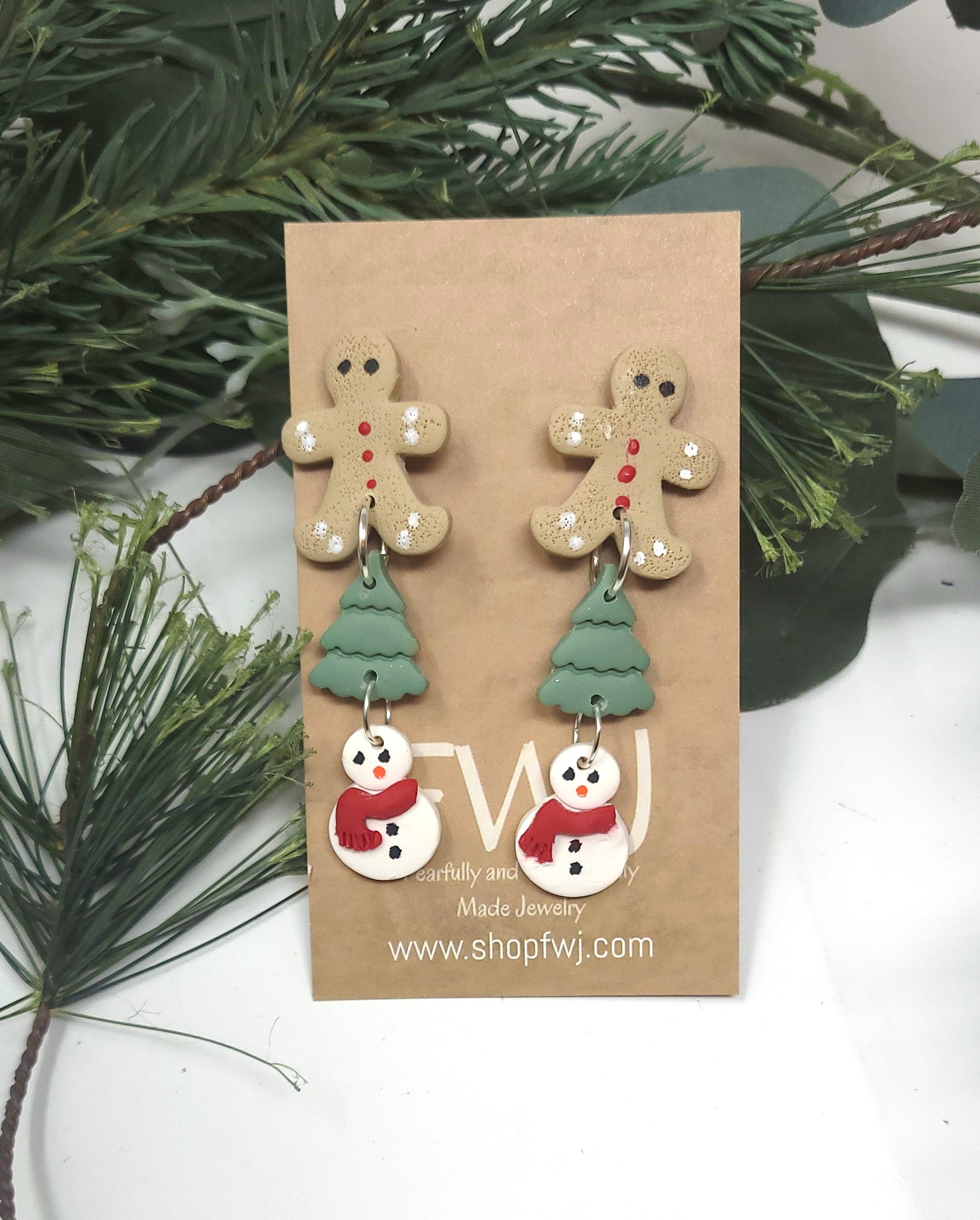 Dangle Christmas Earrings--Gingerbread man, Christmas Tree and Snowman