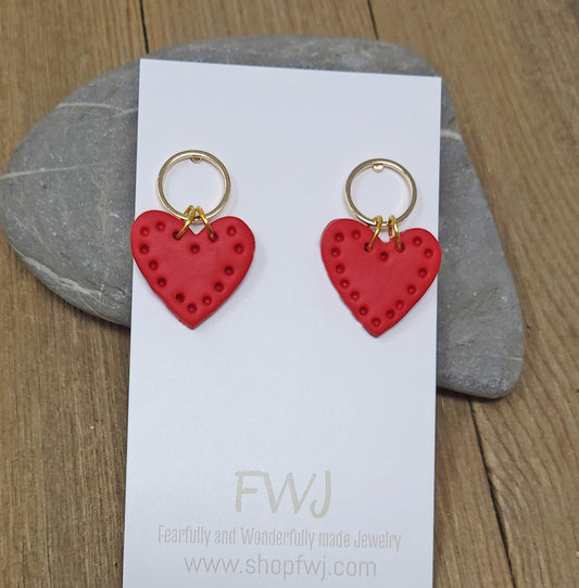 Valentine's Day heart earrings, red heart earrings with open circle posts