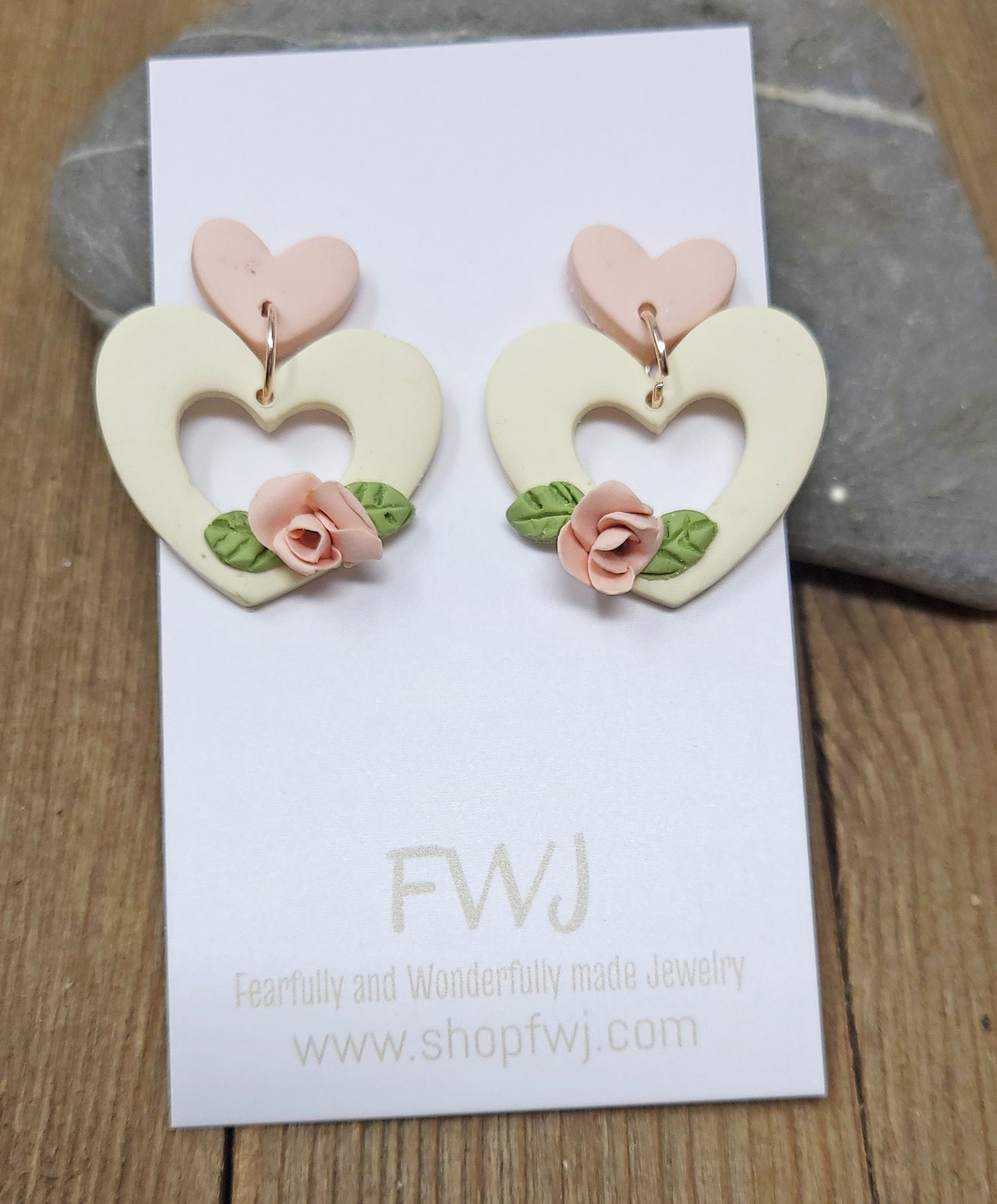 Ivory open heart earrings, pink and ivory earrings with flower for Valentine's Day