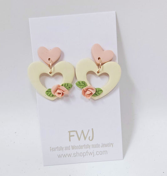 Ivory open heart earrings, pink and ivory earrings with flower for Valentine's Day