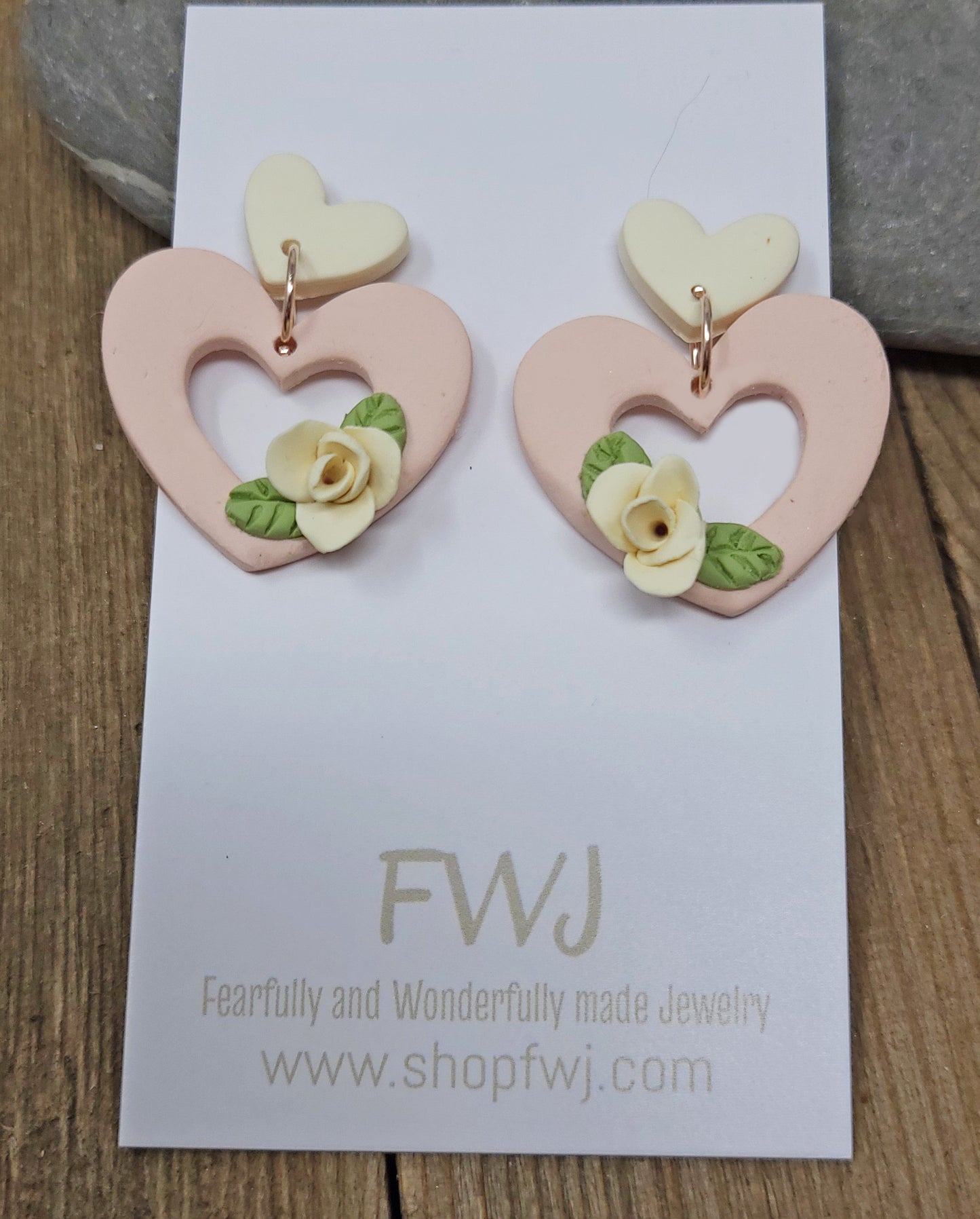 Pink open heart earrings, pink earrings with flower for Valentine's Day