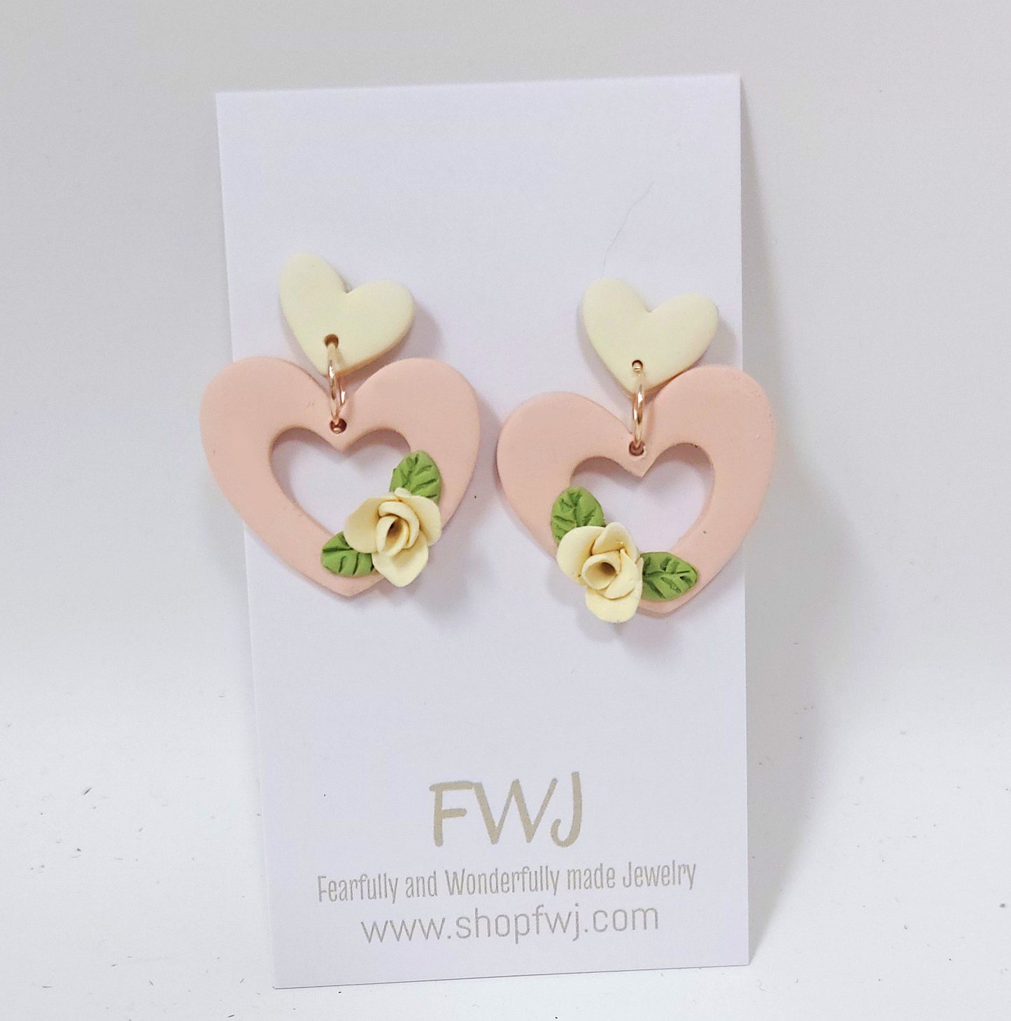 Pink open heart earrings, pink earrings with flower for Valentine's Day