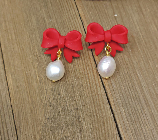 Red bow earrings stud with freshwater pearl dangle