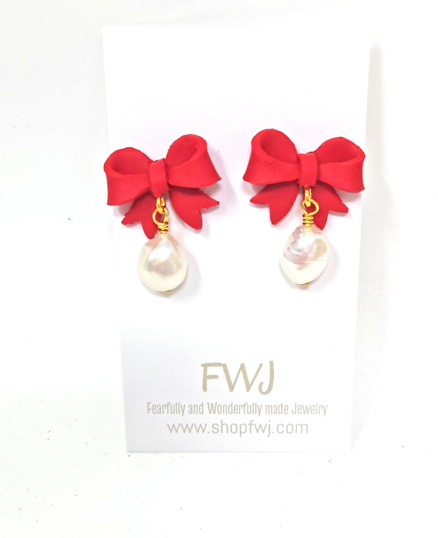 Red bow earrings stud with freshwater pearl dangle