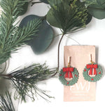 Christmas wreath earrings with red bow/ polymer clay earrings