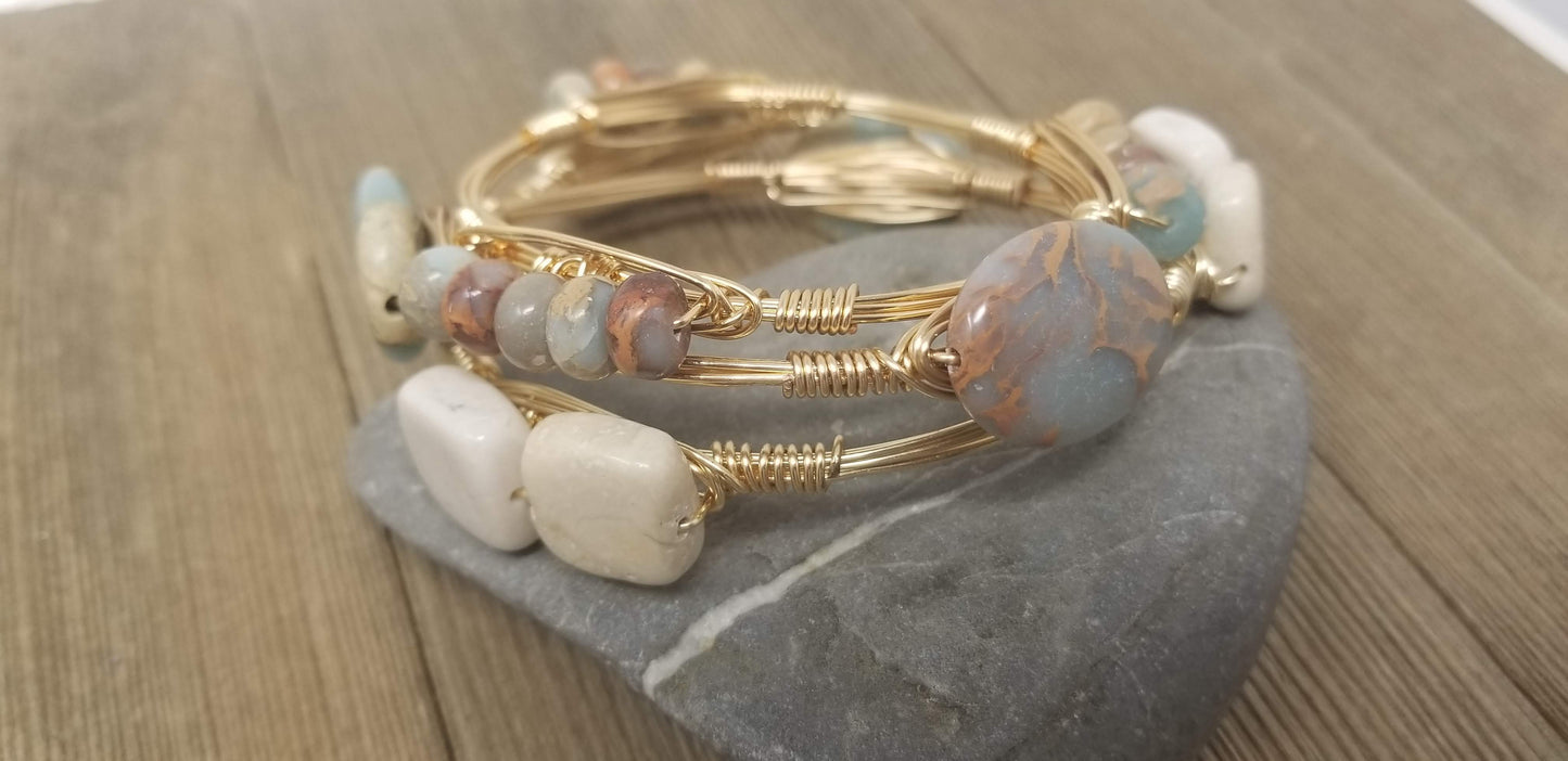 Aqua terra jasper bangle, feldspar bangle set of 3 bracelets