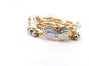 Keshi pearls and crystal set of 3 bangle bracelets