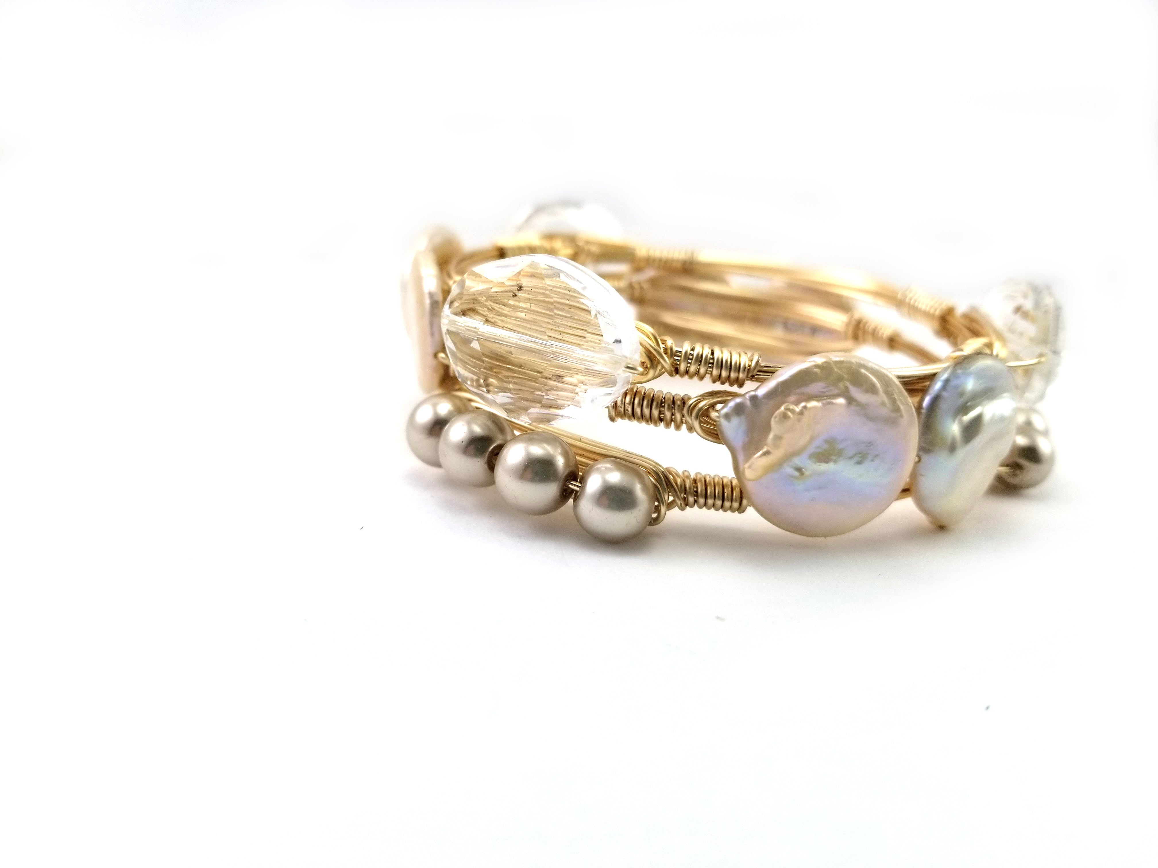 Keshi pearls and crystal set of 3 bangle bracelets