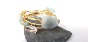 Aquamarine, amazonite and crystal bangle set