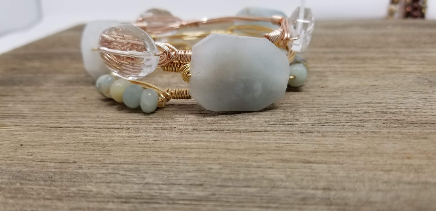 Aquamarine, amazonite and crystal bangle set