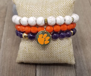 Clemson beaded bracelet set of 3 stretch bracelets, Clemson bracelets, Clemson game day jewelry, Clemson Tigers purple and orange bracelets
