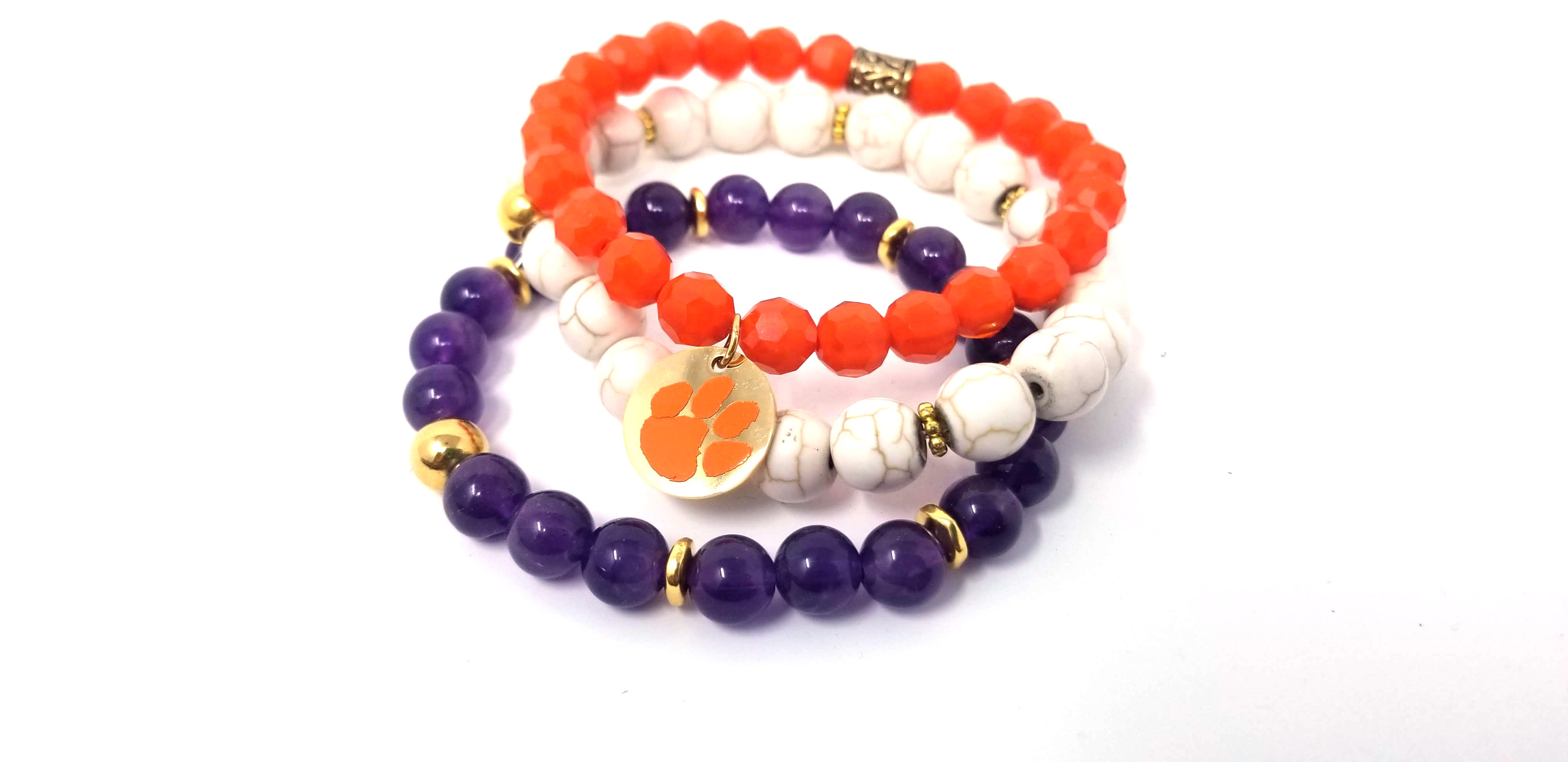 Clemson beaded bracelet set of 3 stretch bracelets, Clemson bracelets, Clemson game day jewelry, Clemson Tigers purple and orange bracelets