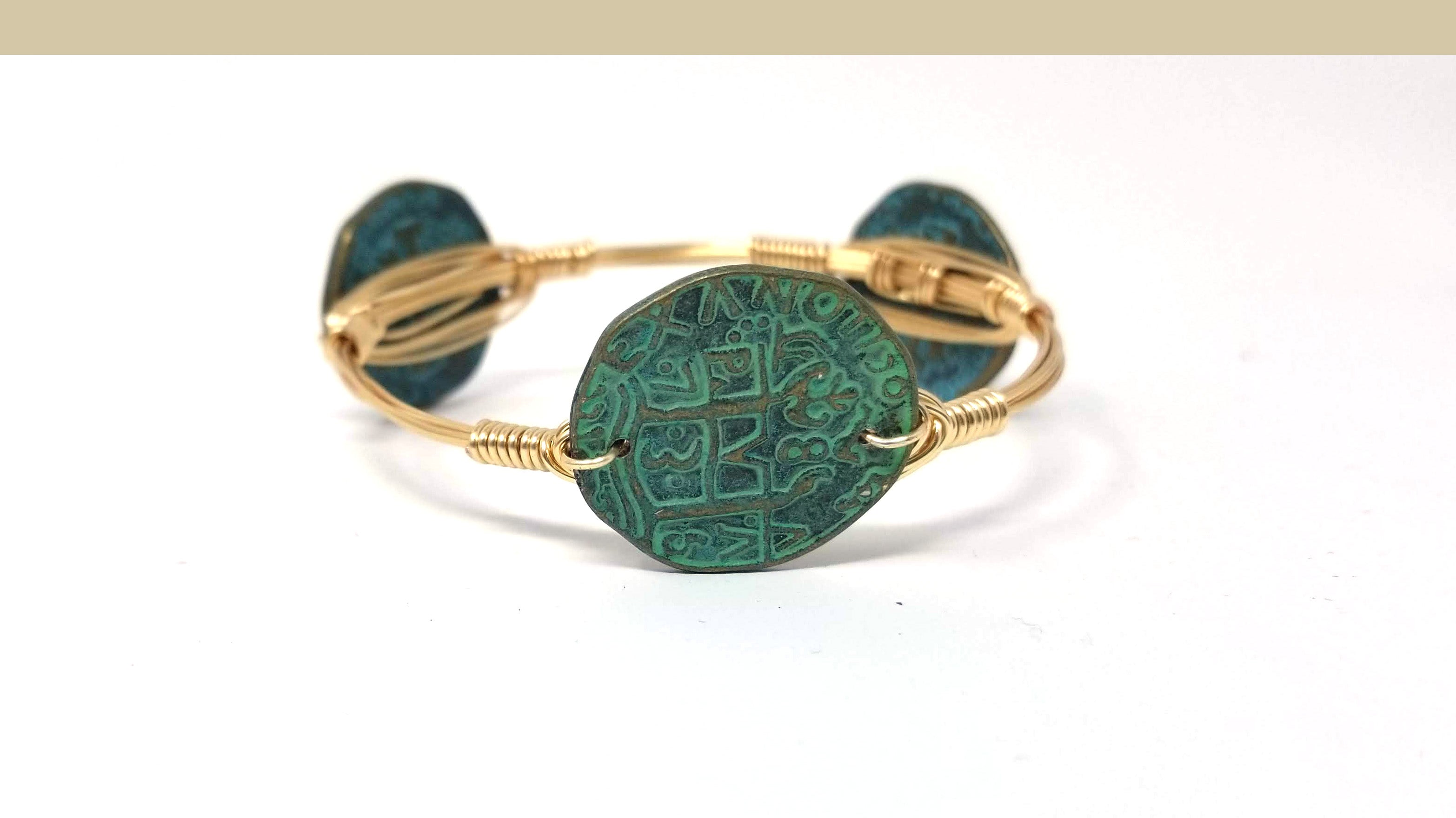 Coin bangle in green patina, bronze or silver