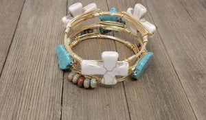 White cross bracelet,  turquoise howlite,  aqua terra jasper bangle set