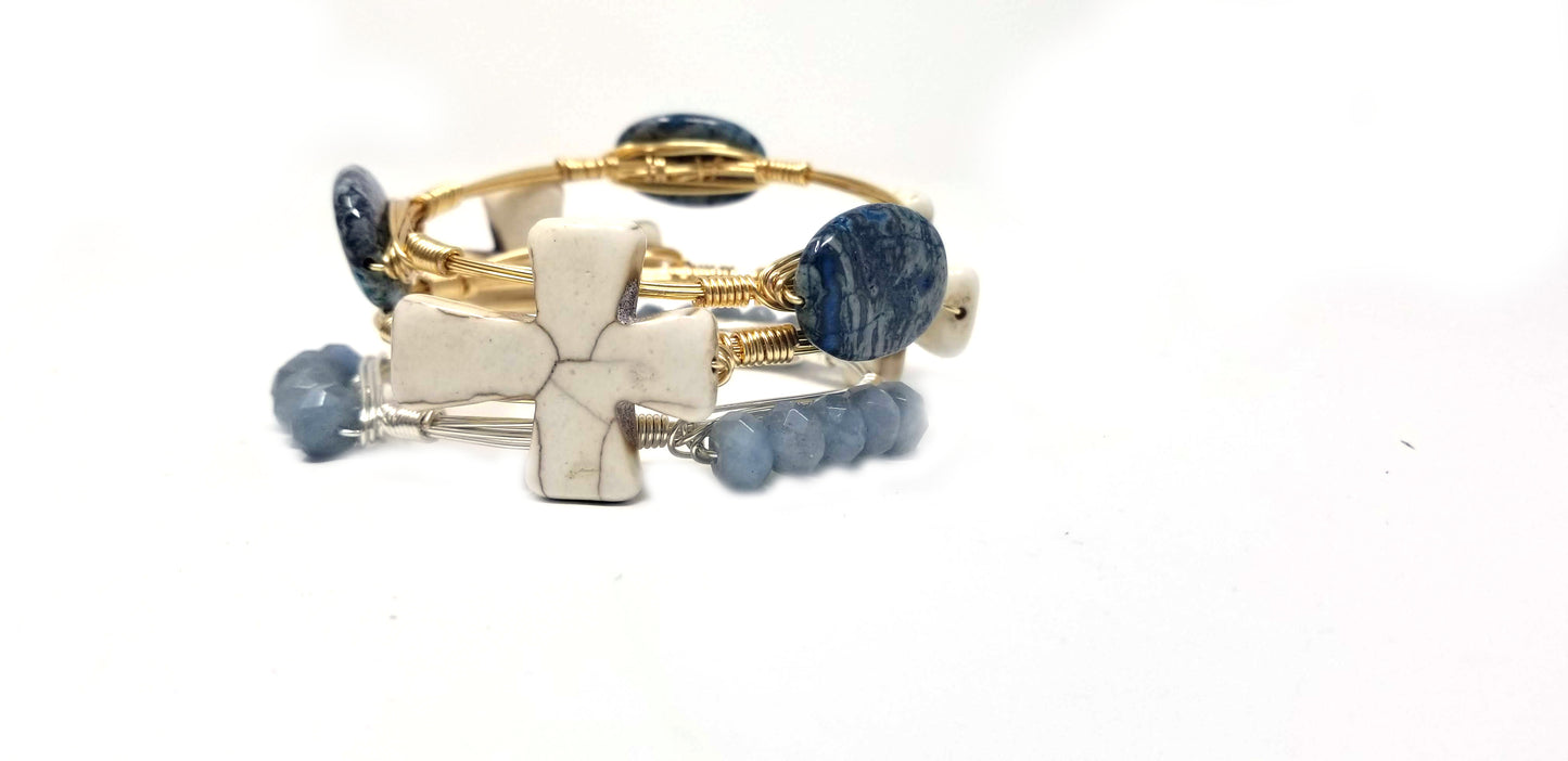 White cross bracelet,  blue jasper bangle,  aquamarine bangle set of 3