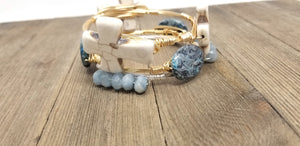 White cross bracelet,  blue jasper bangle,  aquamarine bangle set of 3