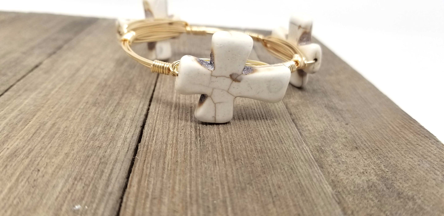 White cross bracelet,  blue jasper bangle,  aquamarine bangle set of 3