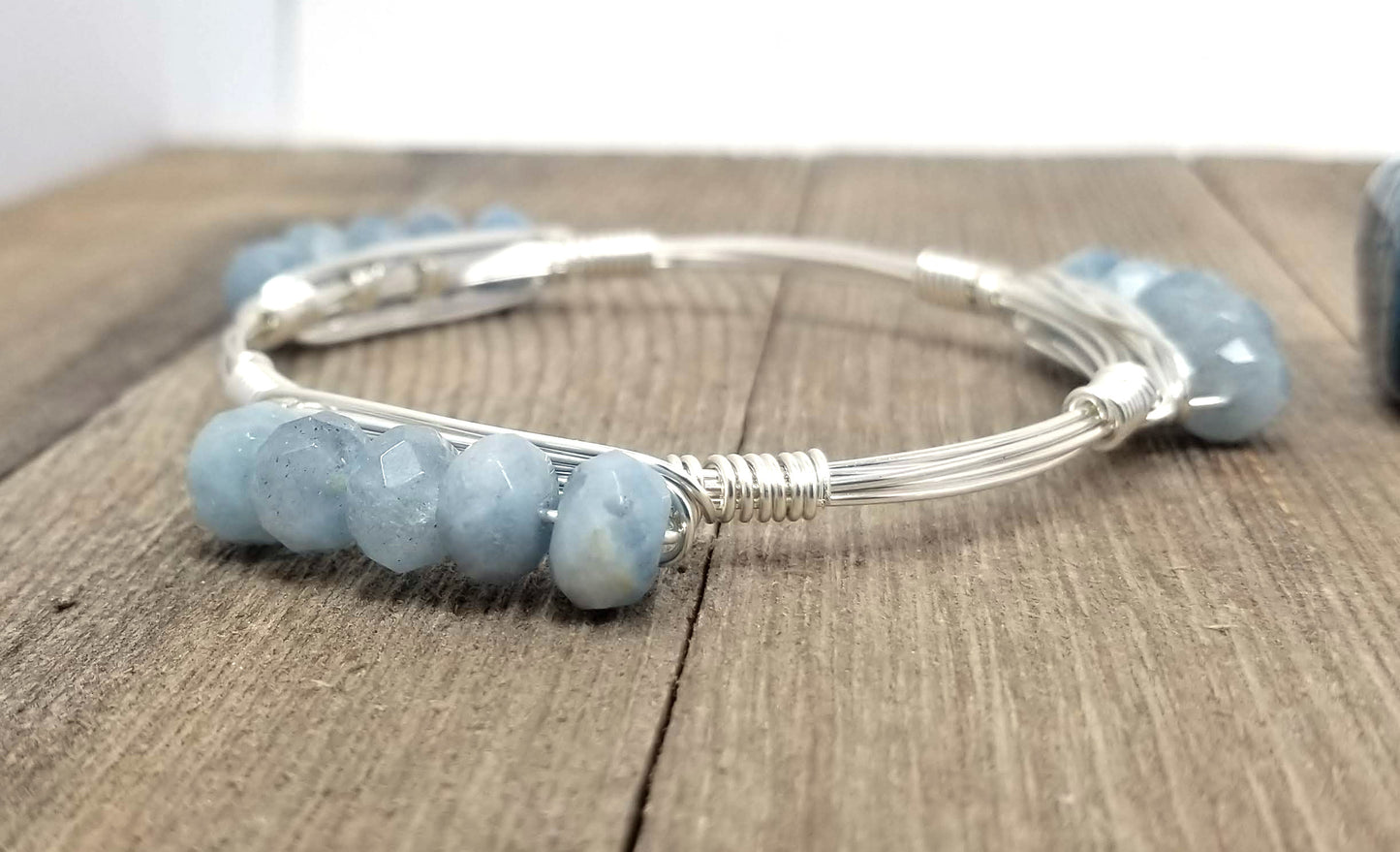 White cross bracelet,  blue jasper bangle,  aquamarine bangle set of 3