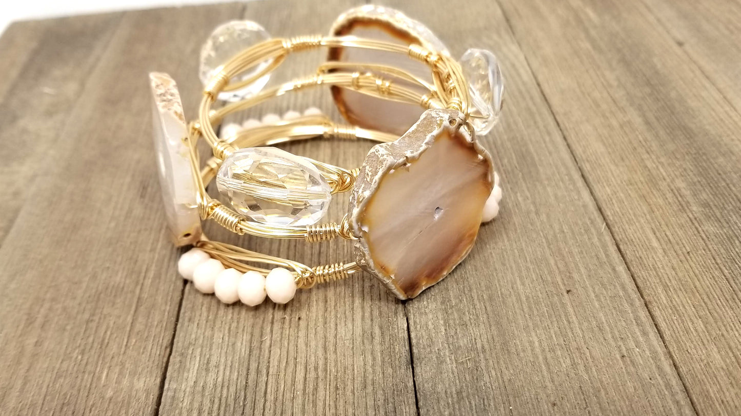 Neutral agate slice bangle, crystal oval bracelet, and white jade bangle set of 3 bracelets