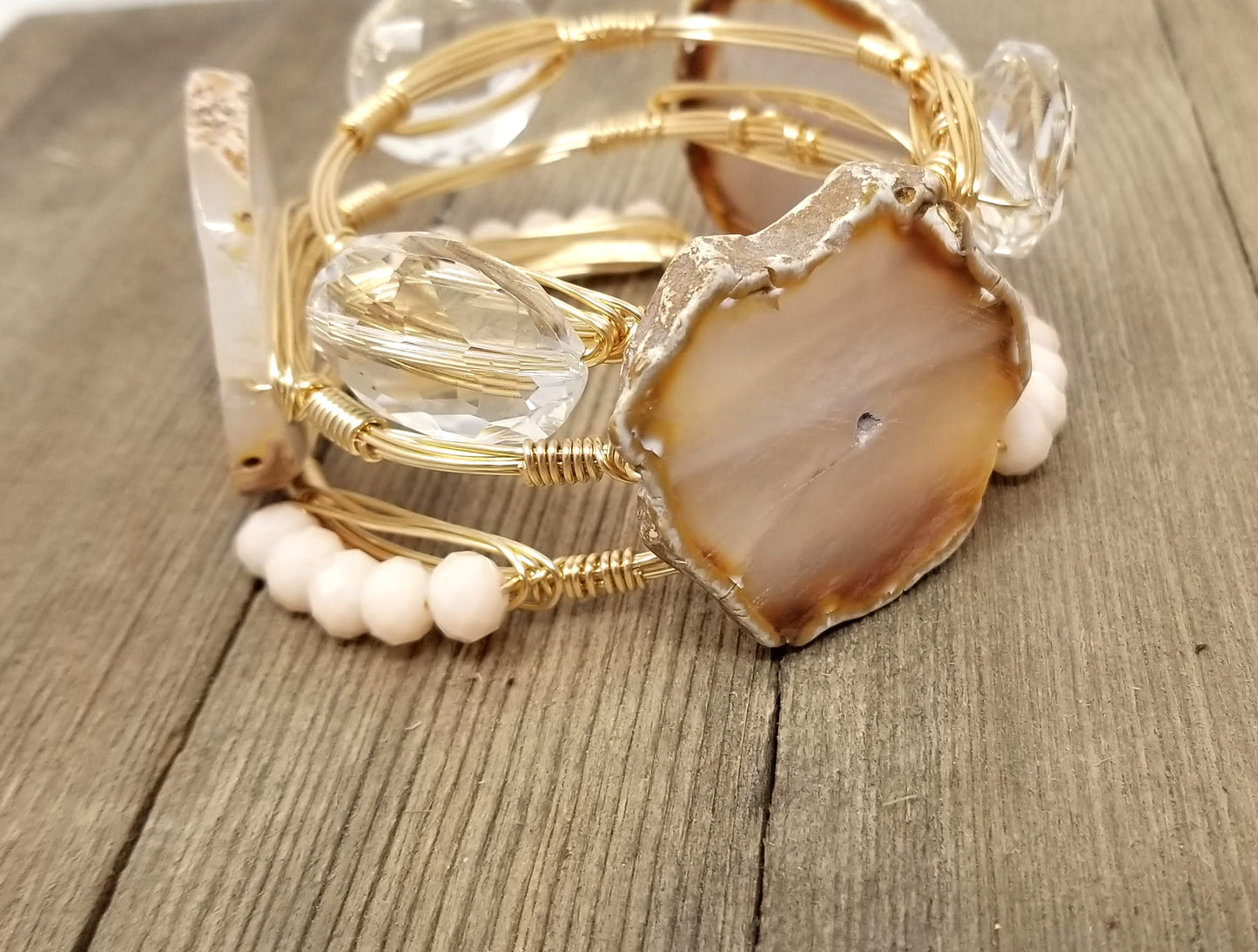 Neutral agate slice bangle, crystal oval bracelet, and white jade bangle set of 3 bracelets