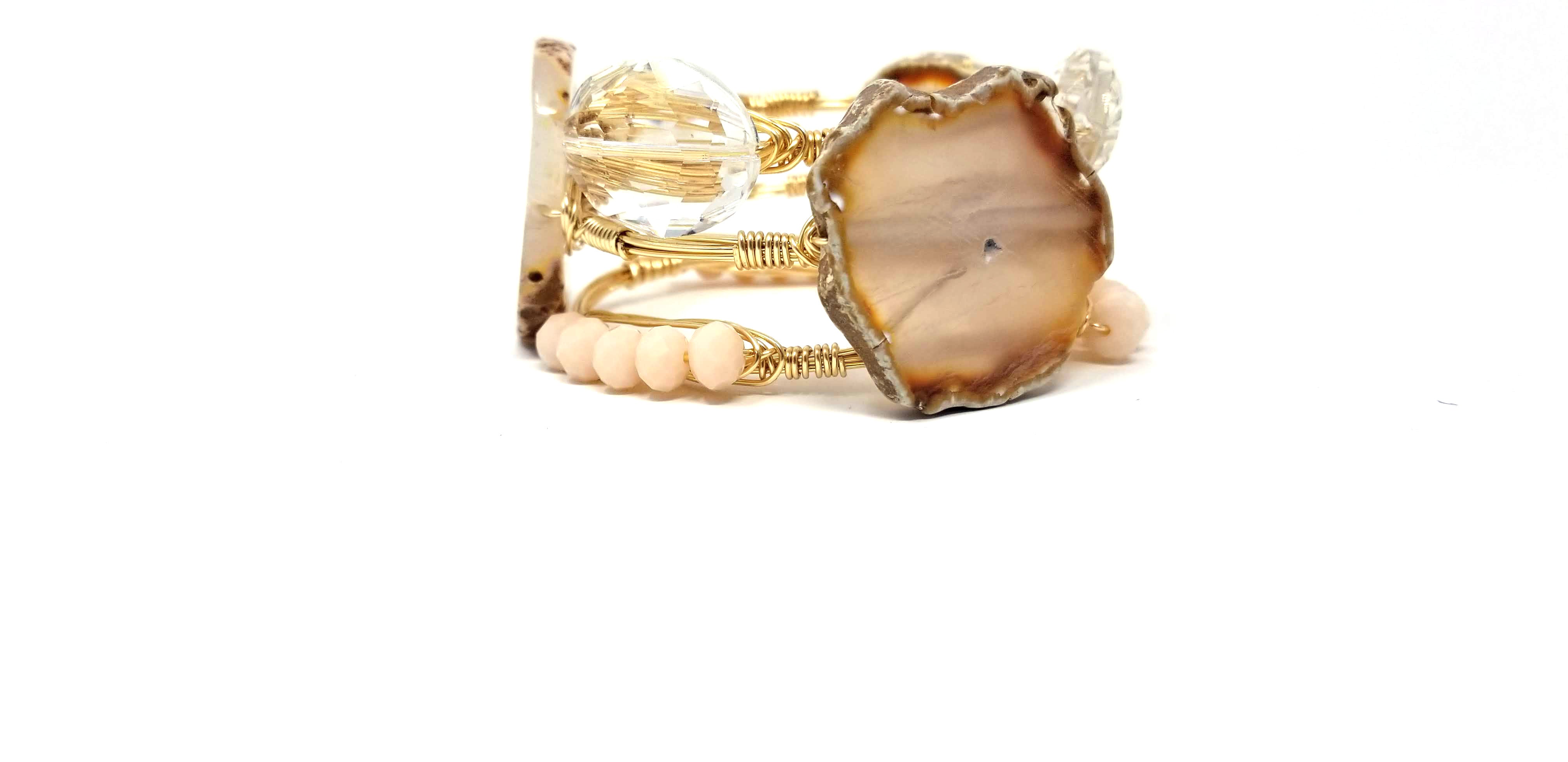 Neutral agate slice bangle, crystal oval bracelet, and white jade bangle set of 3 bracelets