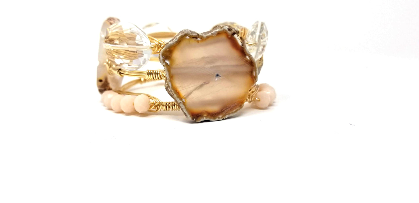 Neutral agate slice bangle, crystal oval bracelet, and white jade bangle set of 3 bracelets