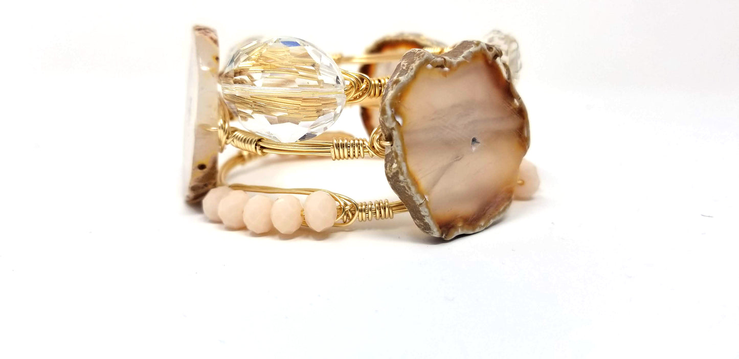 Neutral agate slice bangle, crystal oval bracelet, and white jade bangle set of 3 bracelets