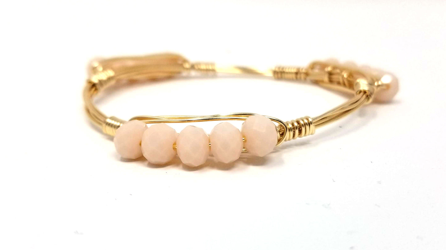 Neutral agate slice bangle, crystal oval bracelet, and white jade bangle set of 3 bracelets