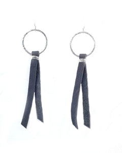 Brushed gold or silver hoop earrings with leather tassel