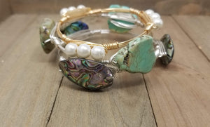 Abalone shell bangle, turquoise howlite, and pearl bracelet set of 3  bracelets