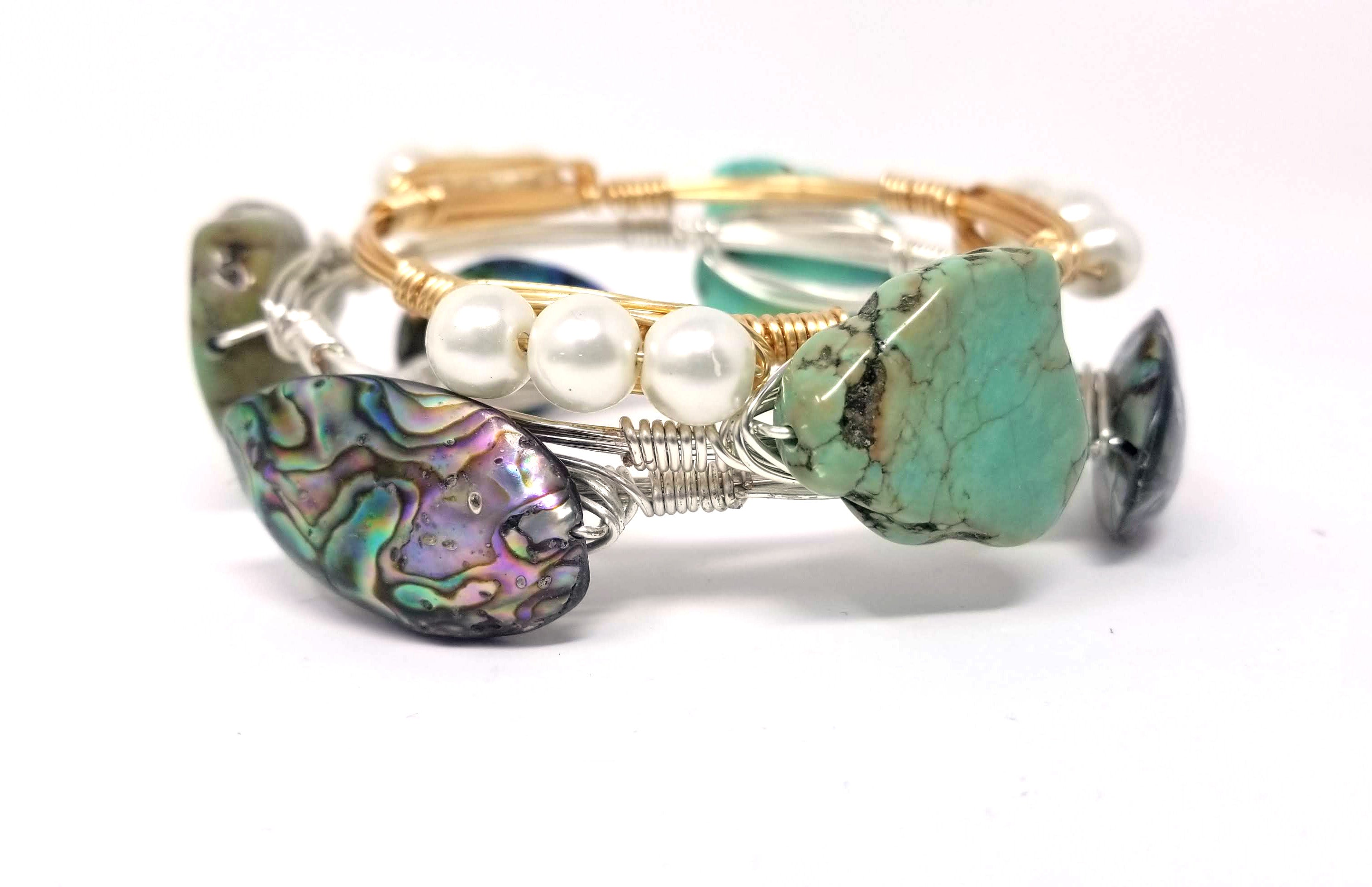 Abalone shell bangle, turquoise howlite, and pearl bracelet set of 3  bracelets