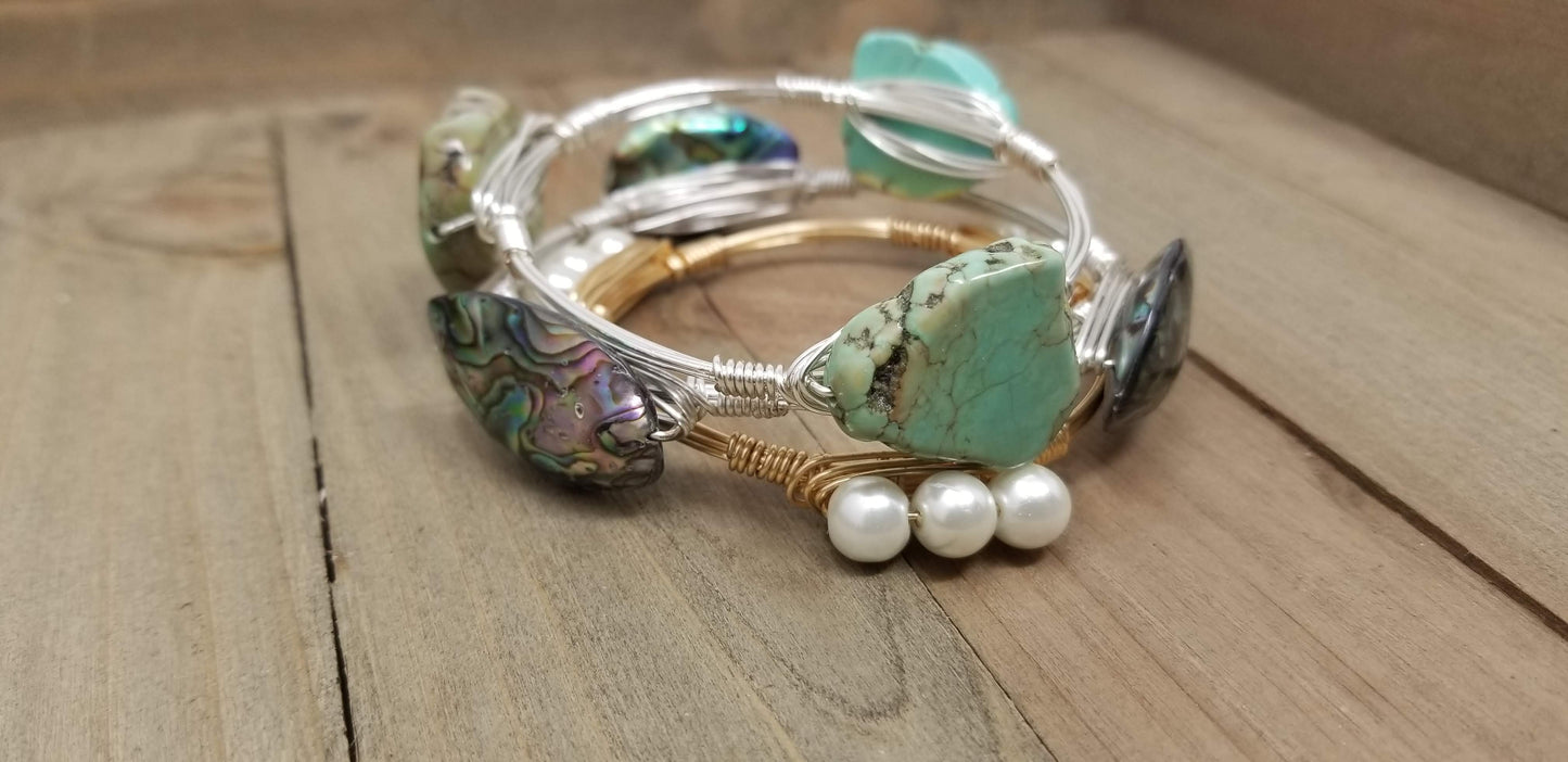 Abalone shell bangle, turquoise howlite, and pearl bracelet set of 3  bracelets