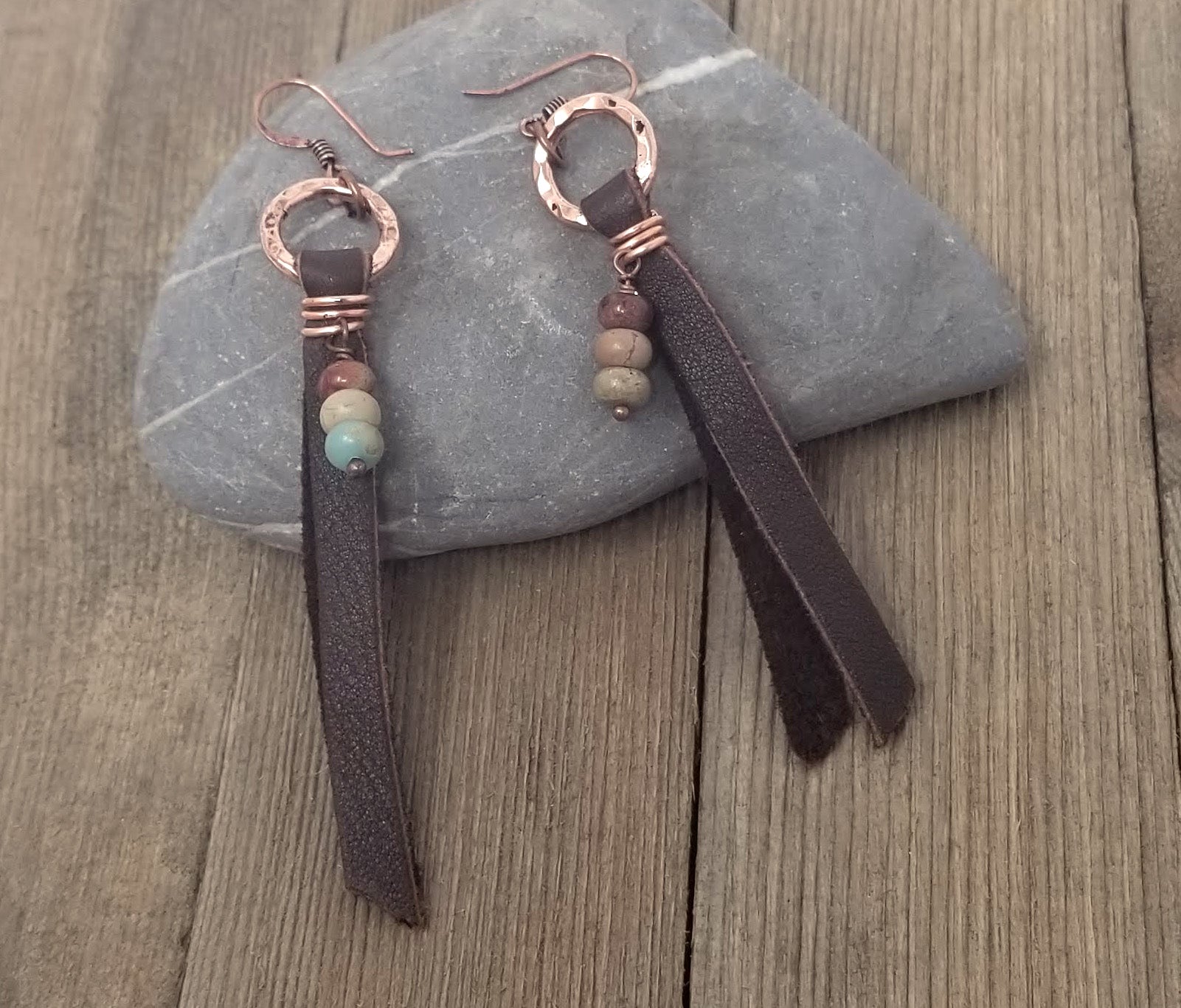 Copper hoop earrings with leather tassel and Aqua Terra Jasper bead cluster