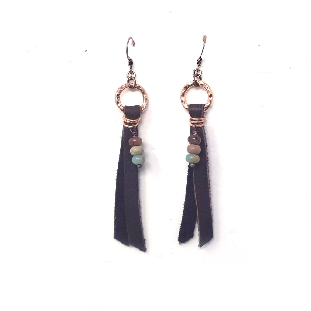 Copper hoop earrings with leather tassel and Aqua Terra Jasper bead cluster