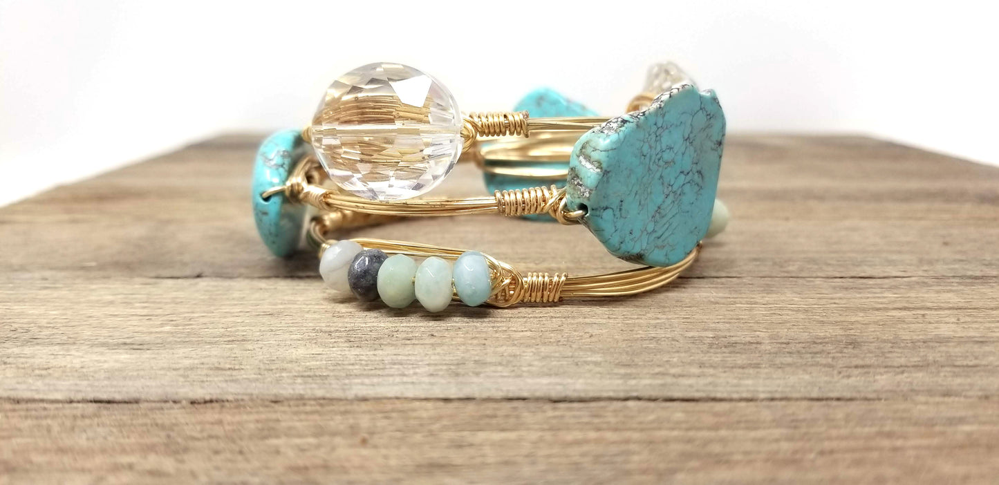 Turquoise slab bangle, amazonite cluster bracelet, crystal bangle set of 3 bangles