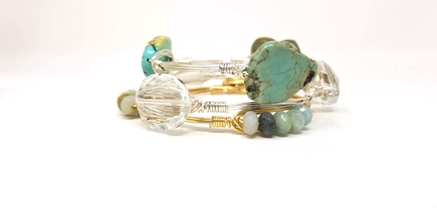 Turquoise slab bangle, amazonite cluster bracelet, crystal bangle set of 3 bangles